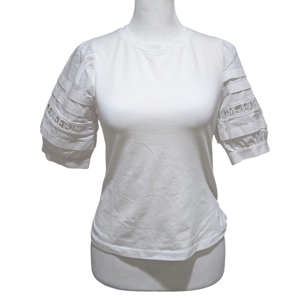 Cinq a Sept Corianna Puff Pleated Sleeve Je Taime Embroidered Tee White Small - Picture 4 of 10